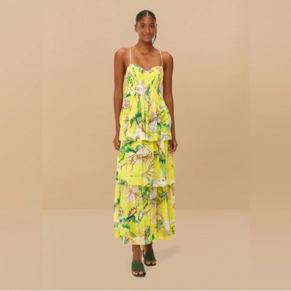 FARM Rio Neon Yellow Floral Tiered Maxi Dress